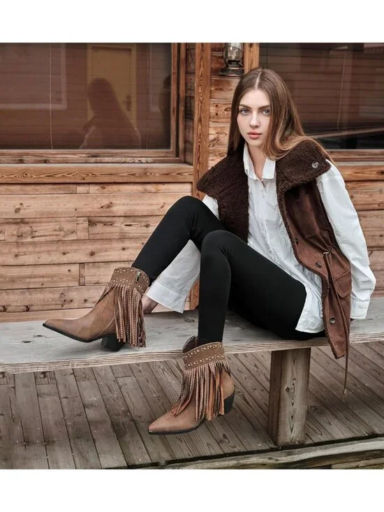 Women’s Brown Boots Rhinestone Studded Western Fringe Ankle Boot Block Heel - Picture 6 of 6